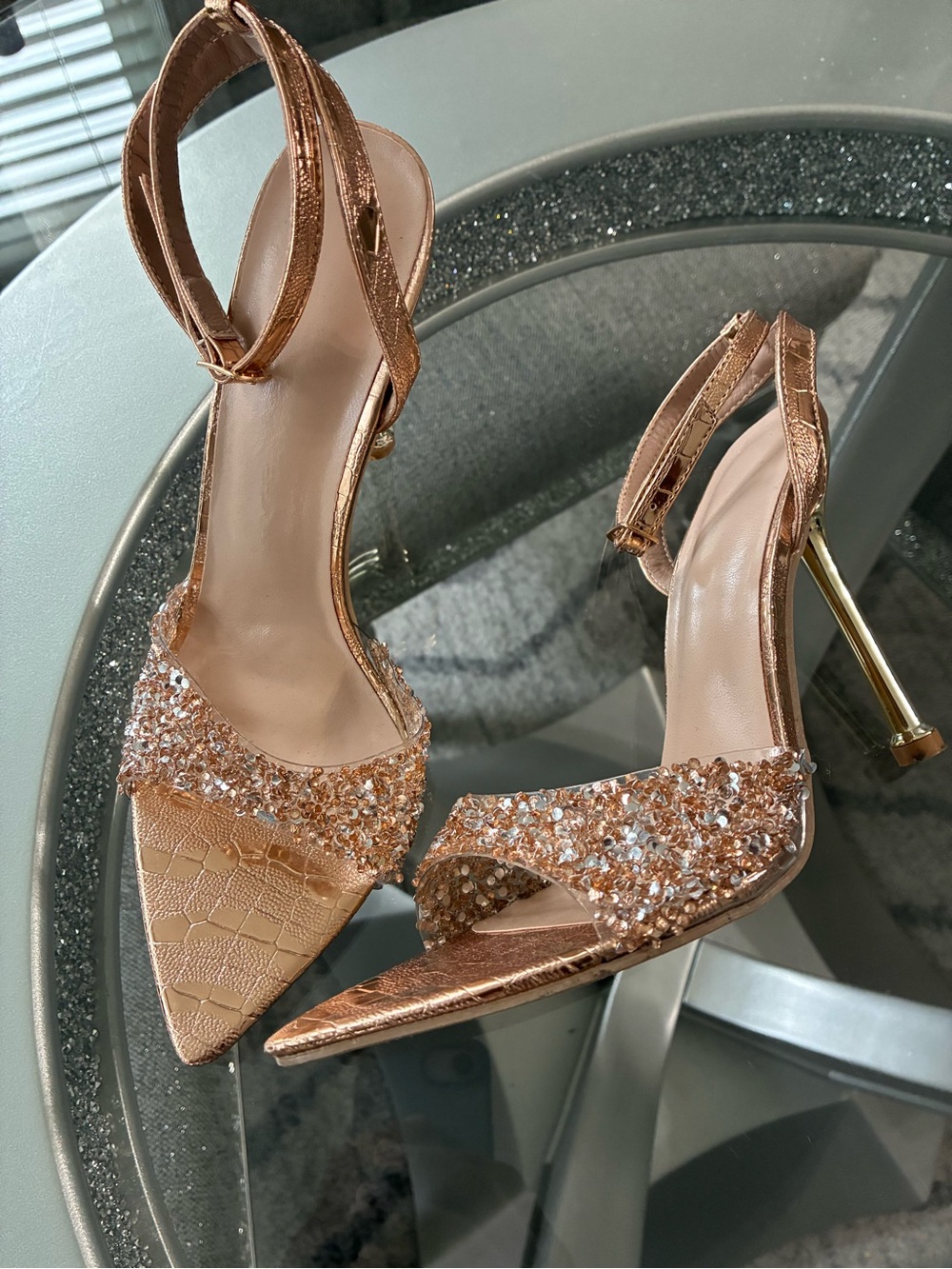 SHEIN Rose Gold Crystal Strap Stiletto Heels